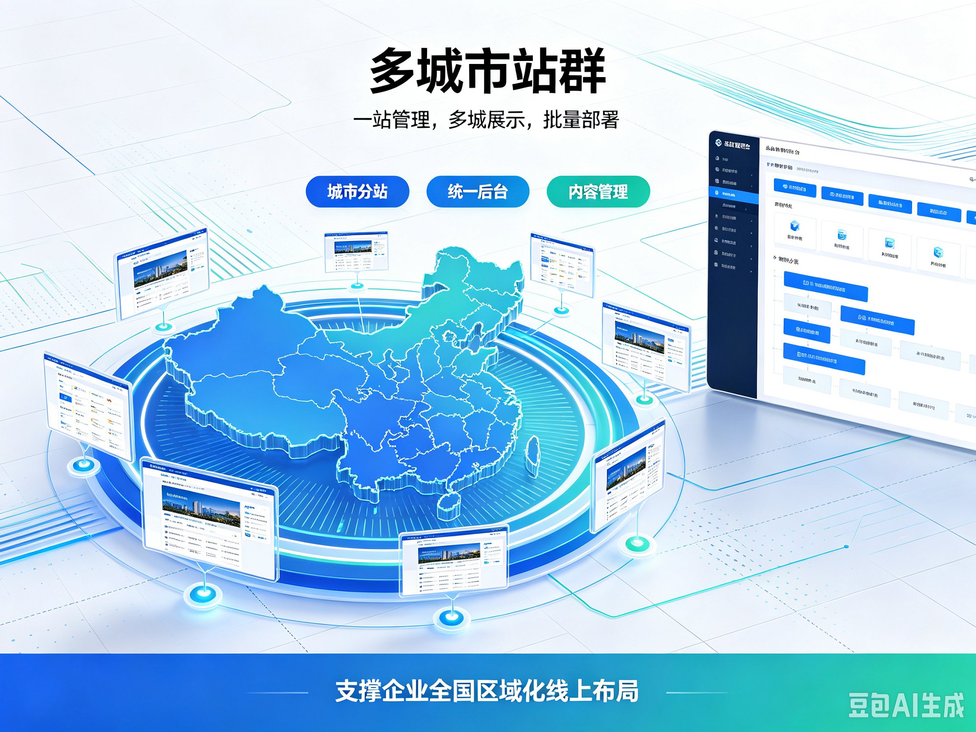 天酬网络多城市站群系统与GEO优化数字化营销服务示意图